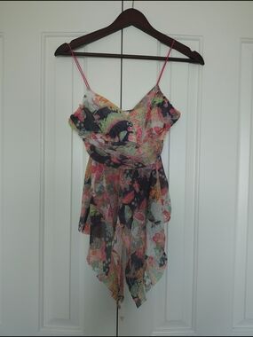 Y2K Floral Fairy Chiffon Handkerchief Hem Cami Top - Pink Multi